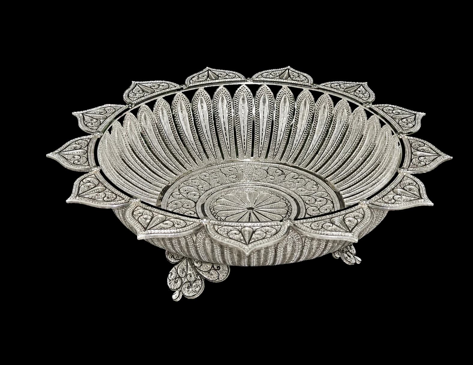 Wide silver filigree bowl formed from layered lotus petals