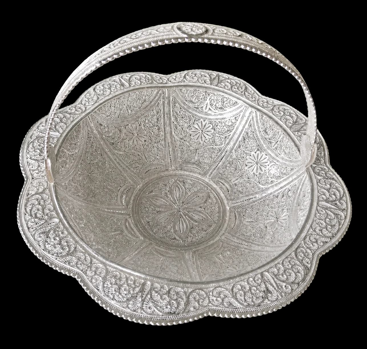 Round silver filigree basket with a scalloped floral rim and decorated arched handle