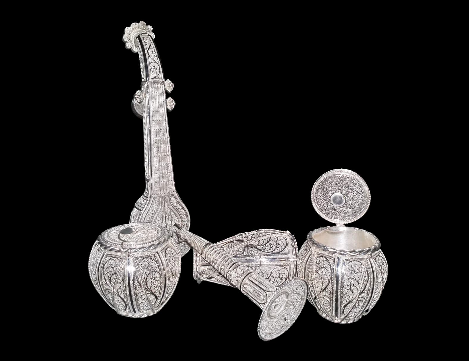 Miniature set of silver filigree musical instruments