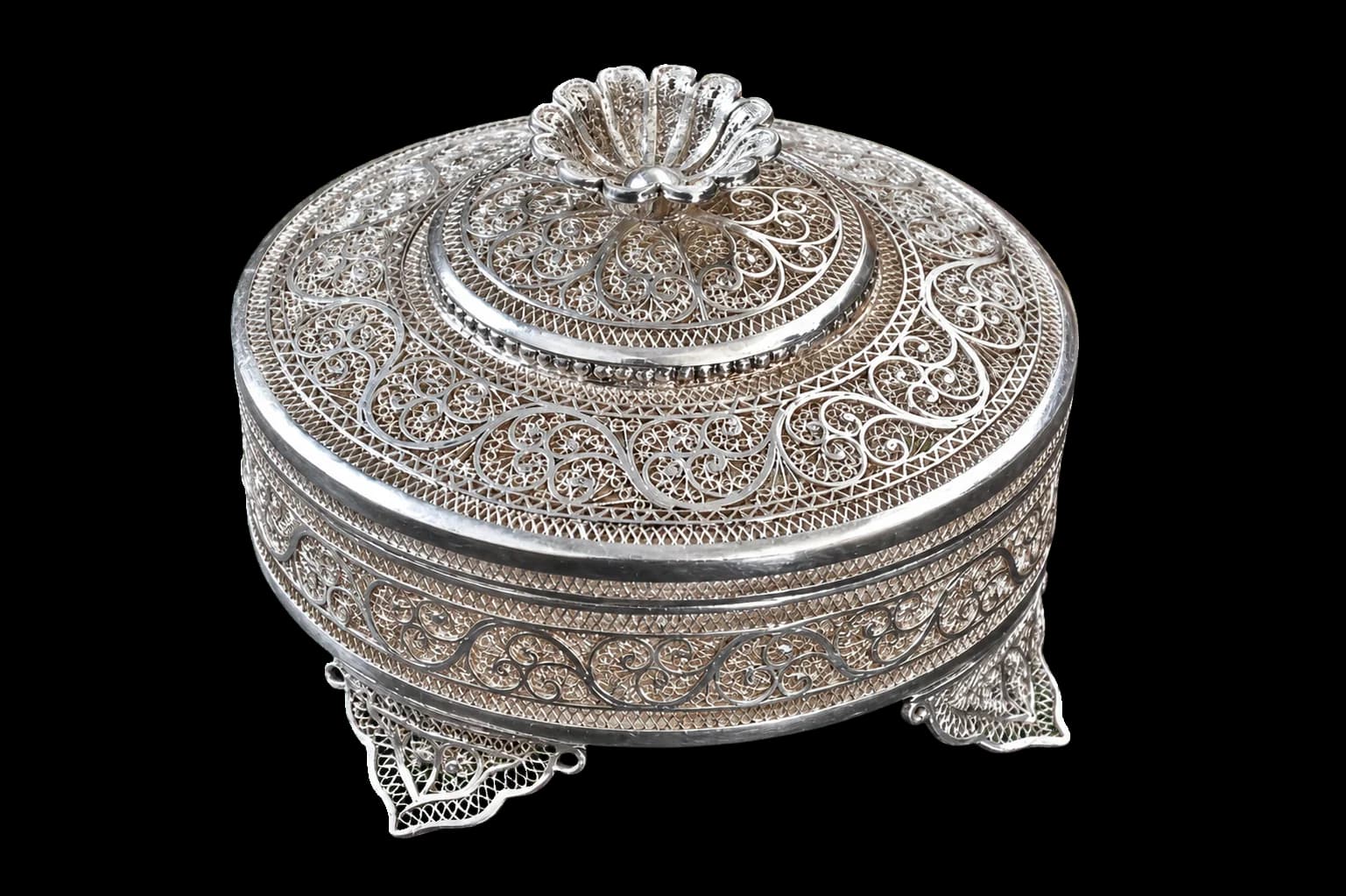 Round silver filigree box with a layered floral lid